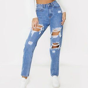 PrettyLittleThing Tall MidBlue Distressed Mom Jean